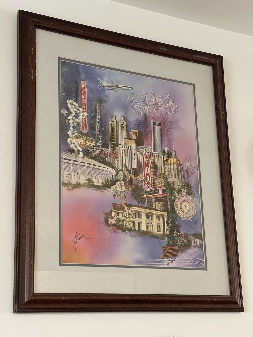 Vintage Anni Moller Signed Atlanta Georgia Skyline Collage Art Print Framed
